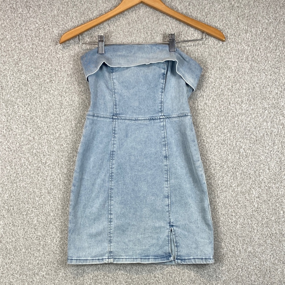 SHEIN denim mini dress size XS strapless zip closure stretchy basics western